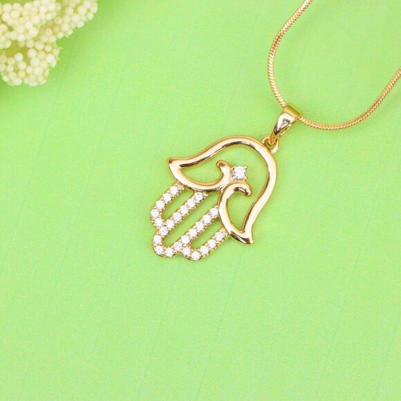 "Rose Gold Hamsa Hand Pendant in Gold Plated Brass with Accents, XPPT1760 - Picture 2 of 13